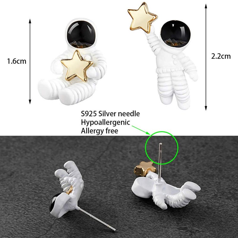QIAN0813 Creative Cartoon Astronaut Stud Earrings for Women Asymmetric Spaceman Star Earing Hypoallergenic Jewelry (Stud) - Image 3